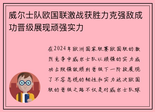 威尔士队欧国联激战获胜力克强敌成功晋级展现顽强实力