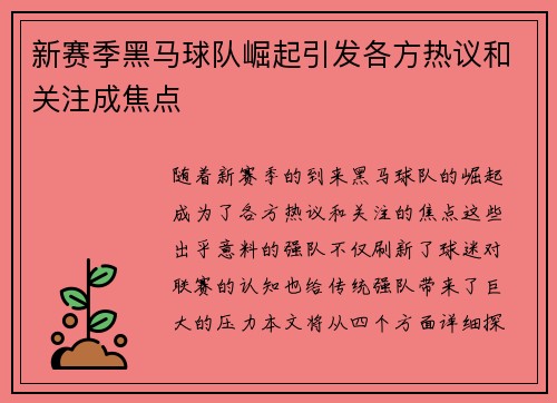 新赛季黑马球队崛起引发各方热议和关注成焦点