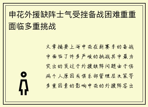 申花外援缺阵士气受挫备战困难重重面临多重挑战